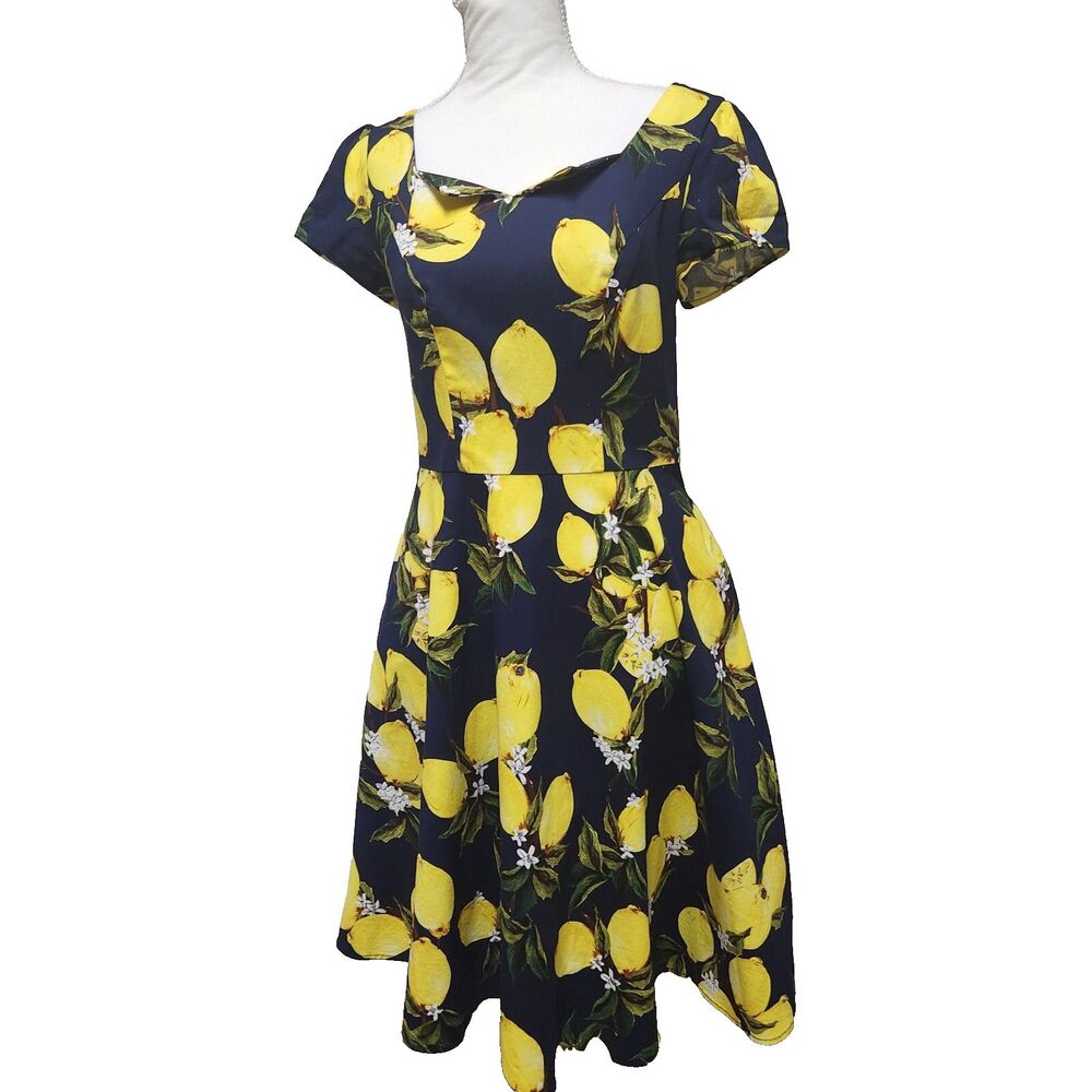 Girstunm Navy Blue Lemon Cocktail Swing Belted Dress Size Medium with Pockets